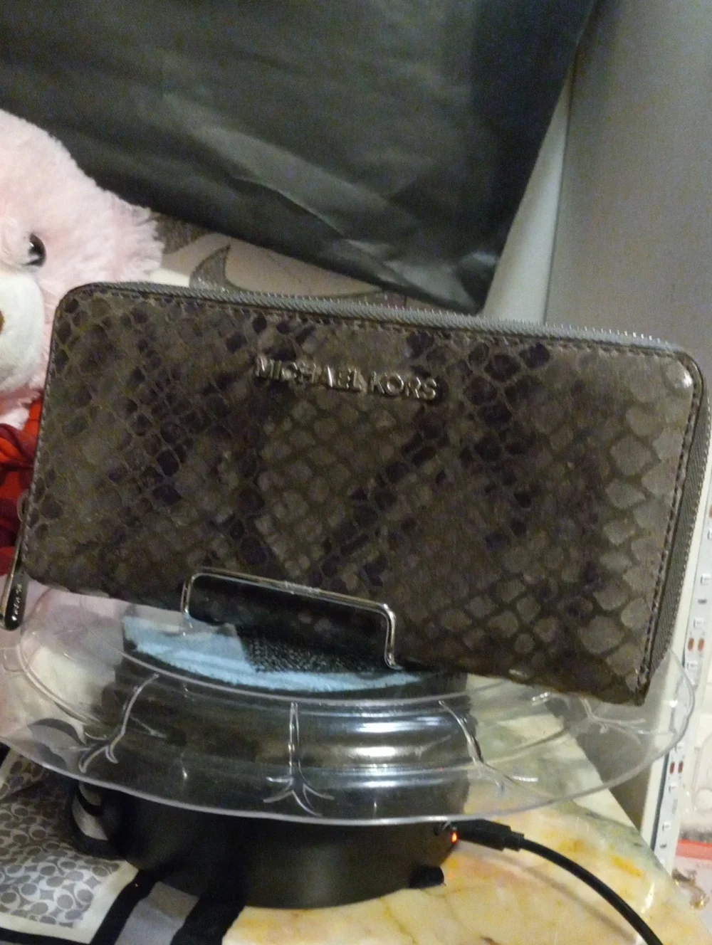 Michael Kors Dark Brown Snake-Embossed Zip Around Wallet